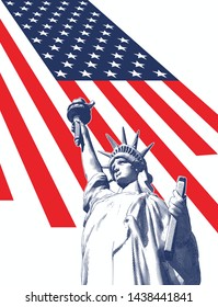 Blue and white engraving drawing liberty lady crop on half body worm eye perspective view isolated on shining USA flag background