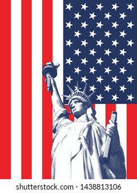 Blue and white engraving drawing liberty lady crop on half body worm eye perspective view isolated on shining USA flag background