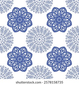 blue and white ethnic floral ceramic arabic mandala motif seamless pattern for wallpaper and tile