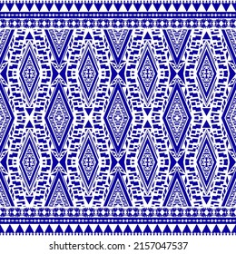 Patrón tradicional étnico azul y blanco. Diseño para fondo, alfombra, papel pintado, ropa, envoltura, tela. ilustración vectorial. Papel de fondo de pantalla sin foco para textiles.