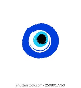 A blue and white evil eye symbol with a black center. believed to protect against negative energy.