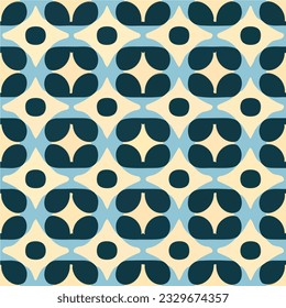 Blue and white fabric pattern featuring circular shapes, a seamless design reminiscent of halftone patterns.