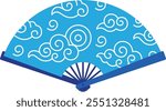 A blue and white fan with a cloud pattern