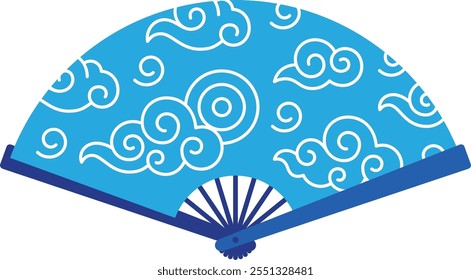 A blue and white fan with a cloud pattern