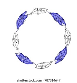 Blue and white feather circle isolated on white background. Hand drawn vector illustration.