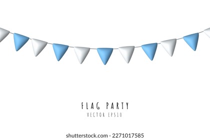 Blue and white festive flag party Realistic 3d design element isolated on white background. Vector illustration