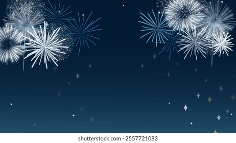 Blue and white fireworks bursting on a serene night sky with scattered stars. Perfect for festive occasions, celebrations, New Year, or decorative projects with an elegant, dynamic theme.