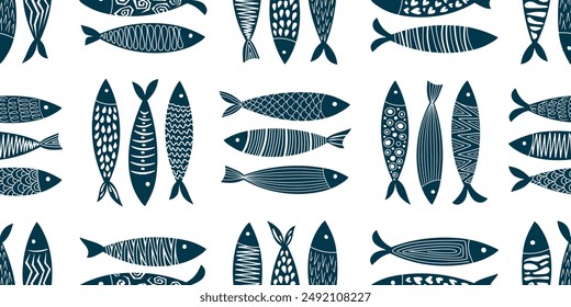 Blue and white fish pattern. Vector illustration.