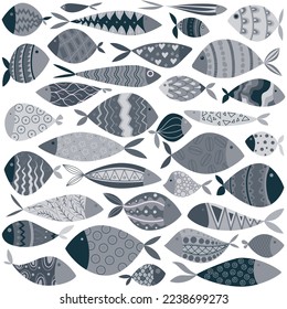 Blue White Fish simple seamless pattern backdrop. Underwater two-tone scene, sea creature background for fabric, mural, upholstery, wallpaper, textile, prints, and wrapping paper. Vector illustration
