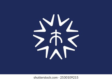 A blue and white flag with a star and a cross. The star is surrounded by a circle and the cross is in the center of the circle