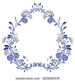 Blue and white floral frame. Pattern with bouquets of flowers and curls. Card in style of ethnic cobalt painting on porcelain. Print for wedding invitations and other projects. Vector illustration