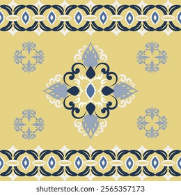 Blue, white floral on yellow background damask seamless vector background. Bbaroque-style pattern. Graphic ornate pattern for wallpaper, fabric, and wrapping. Damask flower ornament.
Vector Formats.
