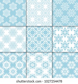 Blue and white floral ornaments. Collection of seamless patterns for paper, textile