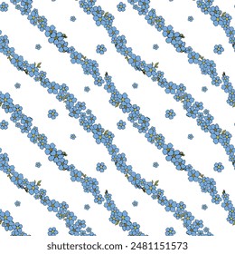A blue and white floral pattern with a white background. The blue forget me not flowers are arranged in a striped pattern