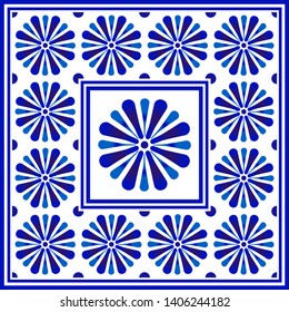 Blue and white floral pattern, Chinese and Japanese porcelain decorative, ceramic seamless background, ceiling design, Big flower element in center is frame, beautiful tile design, vector illustration