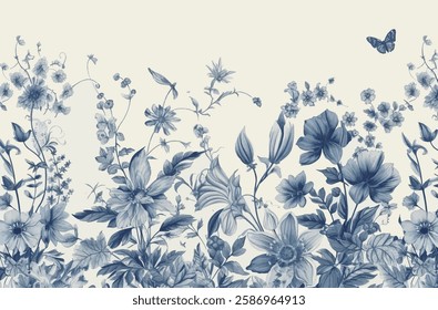 Blue and white floral pattern, with detailed illustrations of flowers and leaves.