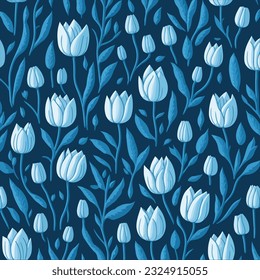 A blue and white floral pattern with white flowers on a dark blue background. seamless pattern background. A blue background with a pattern of tulips