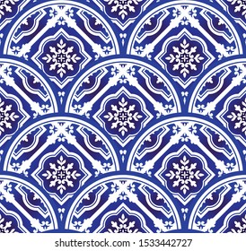 blue and white floral pattern with scale patchwork style, abstract decorative indigo mandala for your design element, ceramic porcelain damask wallpaper seamless decor, tiled, wall, texture, vector