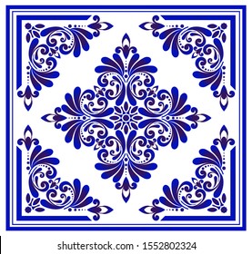 Blue and white floral pattern, victorian and damask porcelain decorative wallpaper decor, ceramic background, ceiling design, Big flower element in center frame, beautiful tile design, indigo, vector