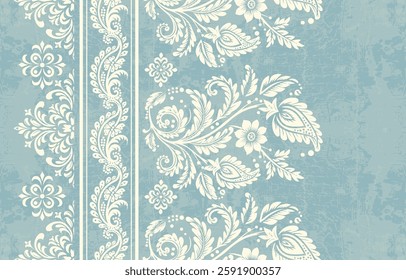 A blue and white floral patterned fabric with a white border. The design is very intricate and detailed, with many different types of flowers and leaves. Scene is elegant and sophisticated