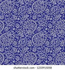 Blue and white floral seamless pattern. Vintage vector, paisley elements. Traditional,Turkish, Indian motifs. Great for fabric and textile, wallpaper, packaging or any desired idea.