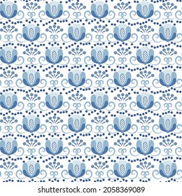 Blauer und weißer Blumen nahtloses Muster. Ornament der Blumen und Gürtel. Hintergrund im Stil eines ethnisch blauen Kobaltmalers auf Porzellan. Druck für Stoffe und Tapeten. Vektorgrafik