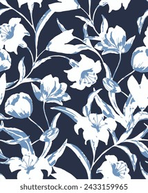 Blue and white floral seamless pattern flowers, twigs, leaves, buds. Hand painted vintage floral illustration isolated on navy background