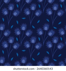 Blue and white floral seamless pattern flowers, twigs, leaves, buds. Hand painted vintage floral illustration isolated on navy background
