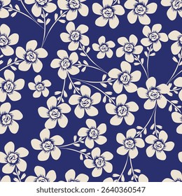 Blue and white floral seamless pattern flowers, twigs, leaves, buds. Hand painted vintage floral illustration isolated on navy background