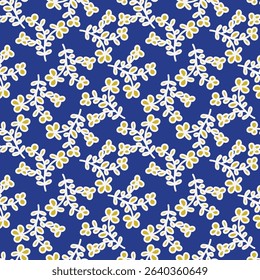 Blue and white floral seamless pattern flowers, twigs, leaves, buds. Hand painted vintage floral illustration isolated on navy background