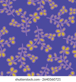 Blue and white floral seamless pattern flowers, twigs, leaves, buds. Hand painted vintage floral illustration isolated on navy background