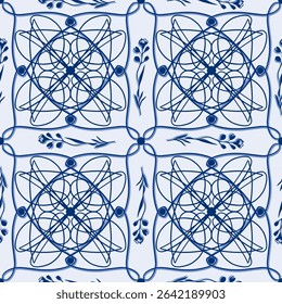Blue white floral seamless pattern. Vector ornament for  background. Mandala, geometric decorative abstract motif. Great for fabric and textile, wallpaper, packaging design.