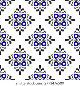Blue and white floral seamless pattern. Ceramie tile. Vector floral damask ornament for wallpaper, fabric, or interior design. Elegant porcelain style vector illustration.