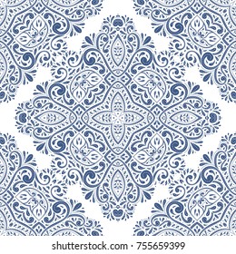 Blue and white floral seamless pattern. Ornament, paisley elements. Traditional, Ethnic, Turkish, Indian motifs. Great for fabric and textile, wallpaper, packaging or any desired idea. 