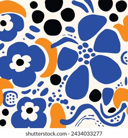 Blue With White Floral Shapes Pattern Fabric on Spoonflower Custom Fabric, Abstract Minimalism Appreciator, Bold Primary Colors, Dotted, Abstracted Botanical Illustrations