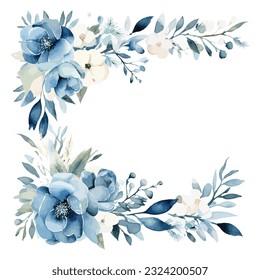 Blue white floral watercolor with geometric frame