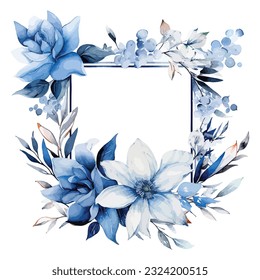 Blue white floral watercolor with geometric frame