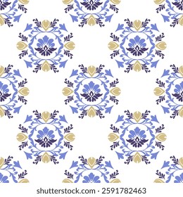 Blue and white flower damask seamless pattern. Victoria style. Fine vector traditional ornament with oriental elements. Idea for rugs, curtains, carpet, wallpaper, pottery, and Turkish tiles.