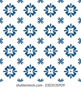 Ilustración vectorial de decoración de flores azules y blancas. Mosaico floral sin fisuras vectorial España o Portugal fondo de azulejos ornamentales de color azul mediterráneo de Lisboa. Baldosa sin foco.