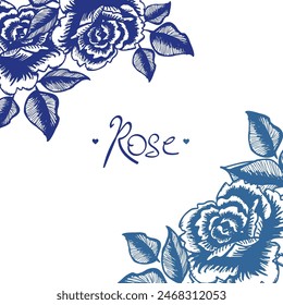 Un diseño de flores azul y blanco con un fondo blanco. Las flores de tinta azul están dispuestas en un cuadrado, con algunas flores superpuestas entre sí.