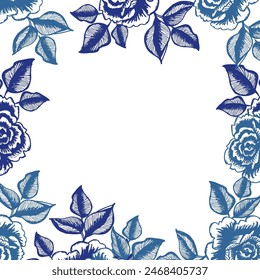 A blue and white flower design with a white background.The blue ink flowers are arranged in a square, with some flowers overlapping each other.