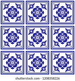 blue and white flower pattern Chinese and Japanese style, beautiful tiles design, ceramic background, porcelain decor vector illustration