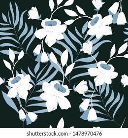 Blue and white flower seamless pattern on black background,illustration vector by freehand drawn, botanical art by watercolor technique,for textile prints or celebrated card or banner 