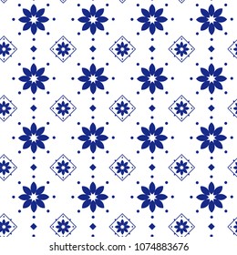Blue and white flowers ceramic tile seamless pattern. Vintage style porcelain background. Repeat blossoms pattern design for ceiling, texture, wall, paper and textile. Vector illustration.