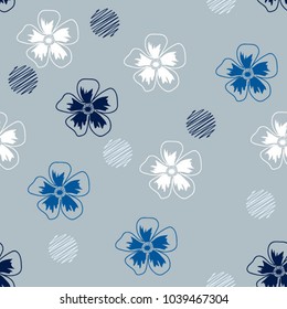 Blue and white flowers doodles, dots with the effect of embroidery pattern on a gray background