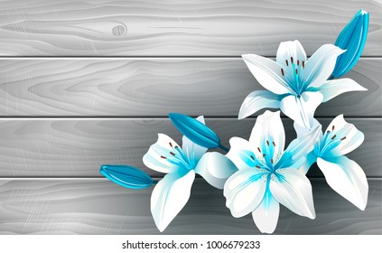 Blue and white flowers on wood. Vector illustration of blue and white blooming flowers on gray wooden background.