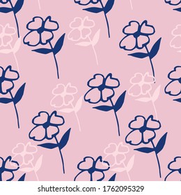 blue and white flowers seamless pattern on pink background. Decorative backdrop for fabric design, textile print, wrapping, cover. Vector illustration