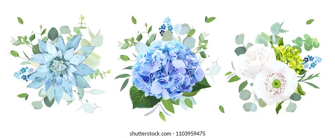 Blue and white flowers vector design bouquets.Hydrangea, rose, papaver, ranunculus, eucalyptus, succulent, forget me nots, greenery.Floral border composition. All elements are isolated and editable