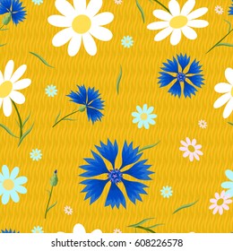 Blue and white flowers.Seamless pattern with daisies and cornflowers on a yellow background.
Summer vector illustration.Print for fabric,textile,wrapping paper.