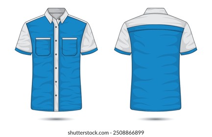 Vista frontal y trasera de la camiseta de trabajo formal azul y blanco. Ilustración vectorial